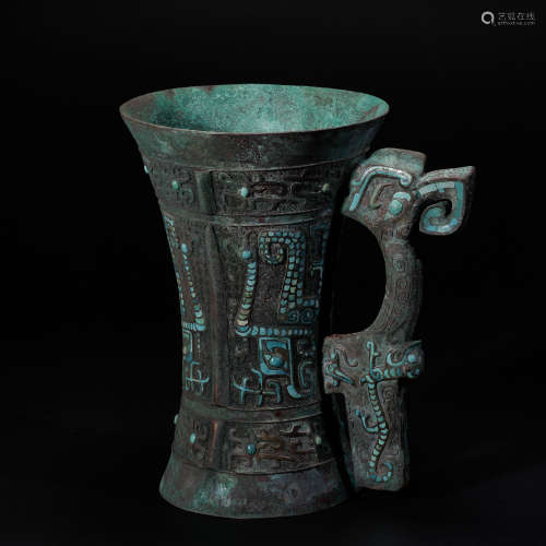SHANG DYNASTY, BRONZE INLAID PINE STONE CUP