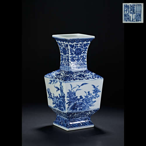 BLUE AND WHITE SQUARE BOTTLE, QING DYNASTY, CHINA