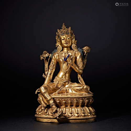 MING DYNASTY GILDED BRONZE GREEN TARA STATUE