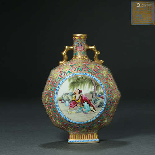 QING DYNASTY PAINTED ENAMEL FLAT POT