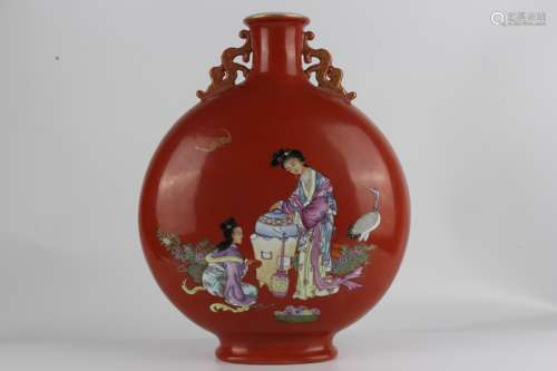 Red ground moon flask with figure decoration