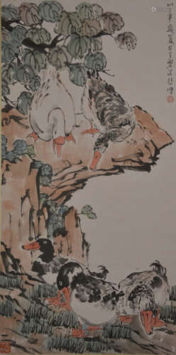 Xu Beihong, five ducks and gooses, vertical scroll