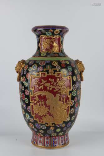 Famille-rose carved porcelain vase