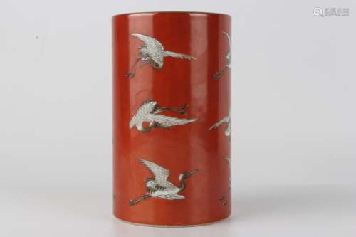 Red glaze pen container with decoration of red-crowned crane