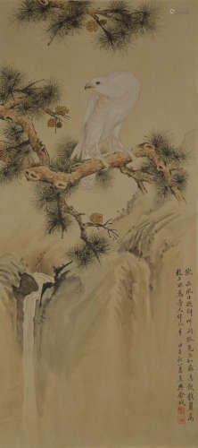 Jin Cheng, The Pine tree with white eagle, vertical silk scr...
