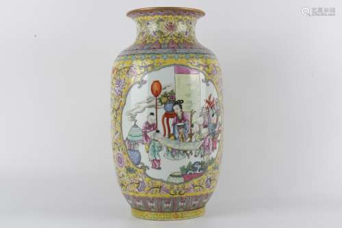 Colour enamels lantern shaped vase with window style figure ...