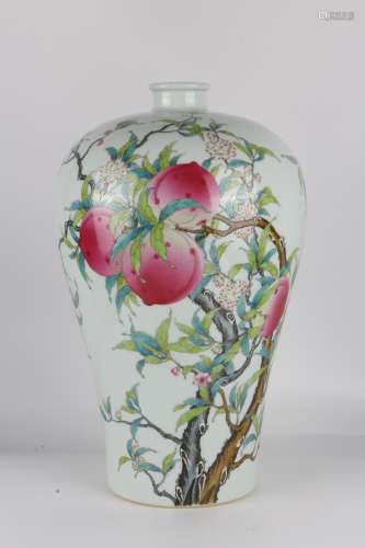 Famille-rose porcelain plum blossom vase peaches of longevit...