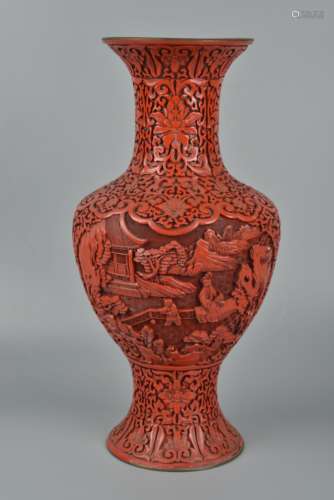 Carved lacquer vase with figures landescapes and pavilion de...