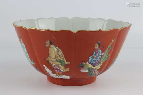 Red ground bowl with decoration of gods
