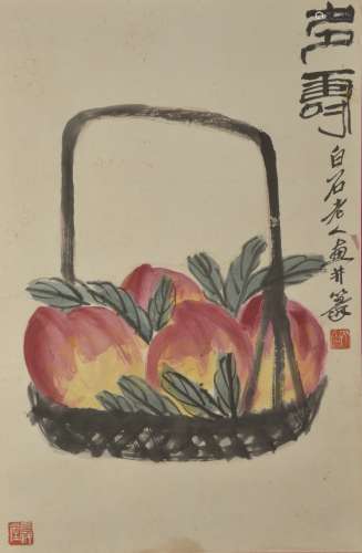 Qi Baishi, peaches of longevity, vertical scroll, longevity