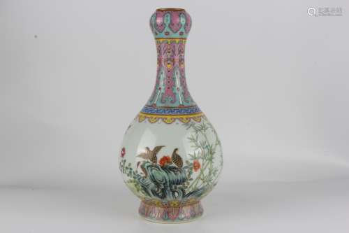 Famille-rose porcelain garlic bottle with decoration of bird...