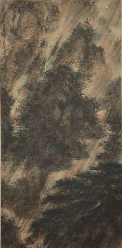 Fu Baoshi, drawing of latecomer in the rain, vertical scroll...