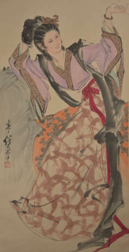 Liu Jiyou, drawing of lady in purple, vertical scroll