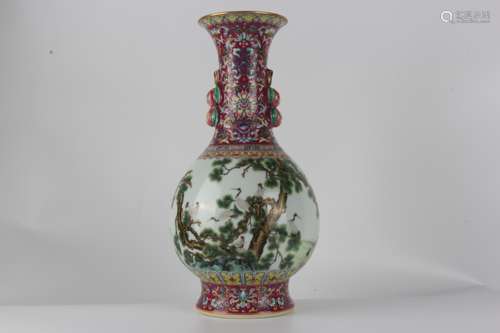 Famille-rose porcelain vase with decoration of red-crowned c...