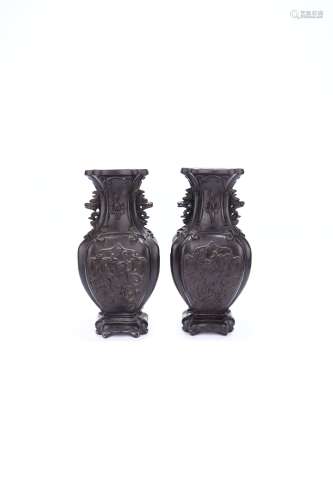 pair of chinese red sandalwood vases