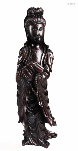 19th C. Antique Carved Hardwood Standing Guanyin S