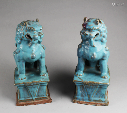 A Pair of Junyao Porcelain Foo Dog Displays