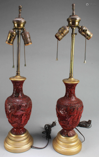 A Pair of Cinnabar Lacquer Table Lamp
