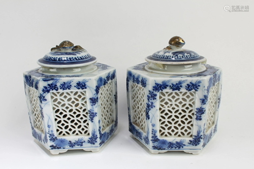 A Pair of Hexagonal-shaped Blue & White Container