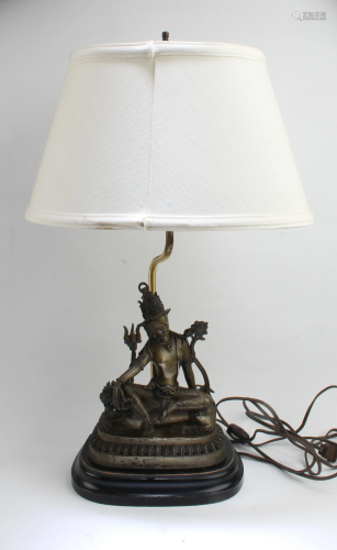 Antique Bronze Bodhisattv Statue With Table Lamp