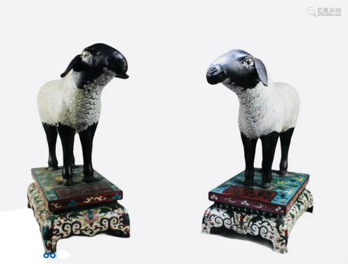 A Pair of Chinese Cloisonne Sheep Statues