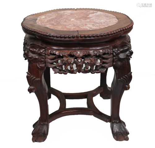 Chinese Hardwood Stool with Marble Inlay