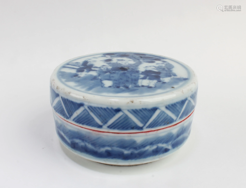 Antique Chinese Blue & White Round Red Ink Box