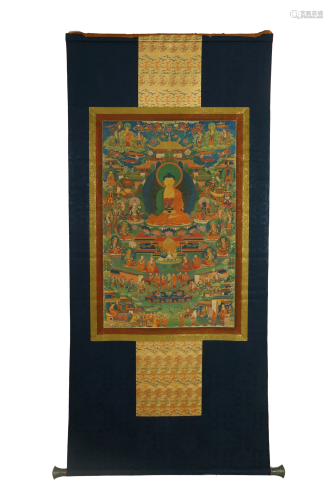 A TIBETAN THANGKA ON SILK FRAME