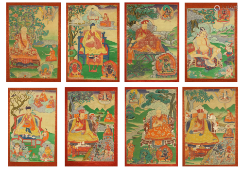 A SET OF EIGHT TIBETAN THANGKA ON SILK FRAME