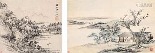 黄均（1775～1850）荣霖（清） 山居吹笛图·湖山行舟图 镜片（二帧） 设色...