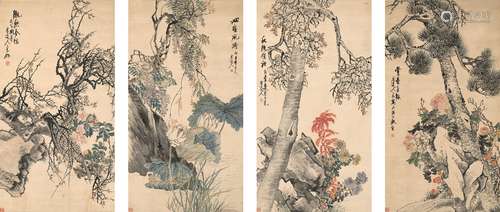 陈允升（1820～1884） 1876年作 四时花木图 四屏 设色纸本