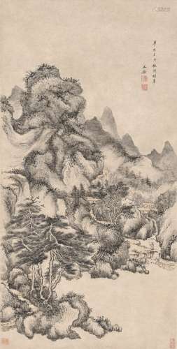 王鉴（1598～1677） 1671年作 仿王蒙山水 立轴 设色纸本