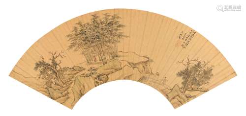文嘉（1501～1583） 为袁梦鲤作 竹院闲话图 扇页 设色泥金纸本