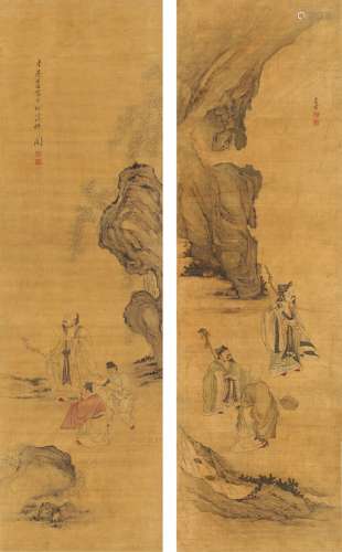陈洪绶（1598～1652）（款） 人物对屏 对屏 设色绢本