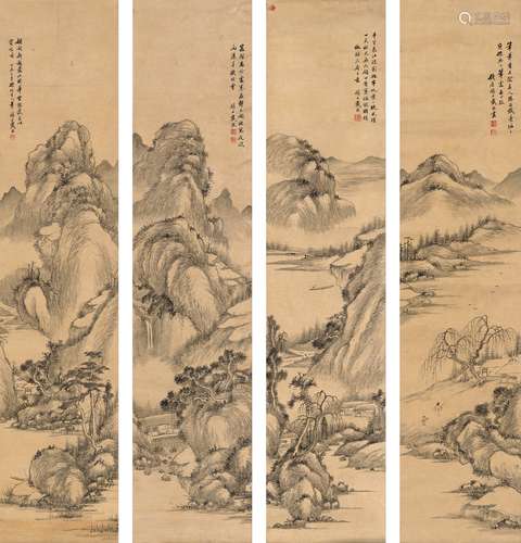 戴熙（1801～1860） 1847年作 山水四屏  （四帧） 镜片 水墨洒金纸本