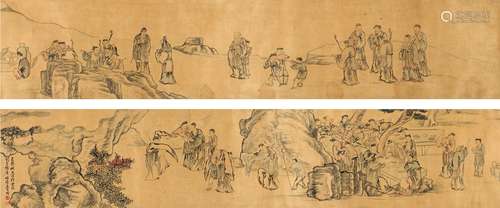 上官周（1665～1749） 1729年作 高士会饮图 手卷 设色绫本