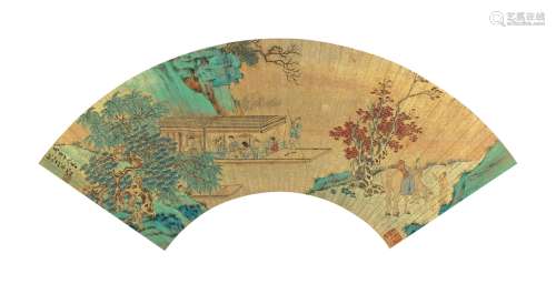 沈昭（明） 1604年作 画舫宴乐图 扇页 设色泥金纸本