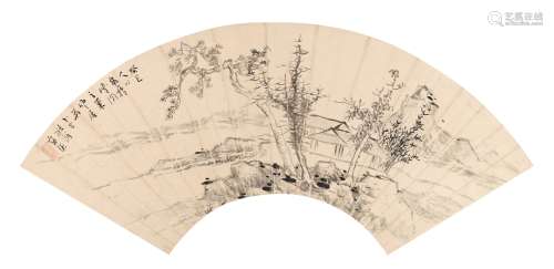 蓝瑛（1585～1664后） 1653年作 疏林精舍图 扇页 水墨纸本