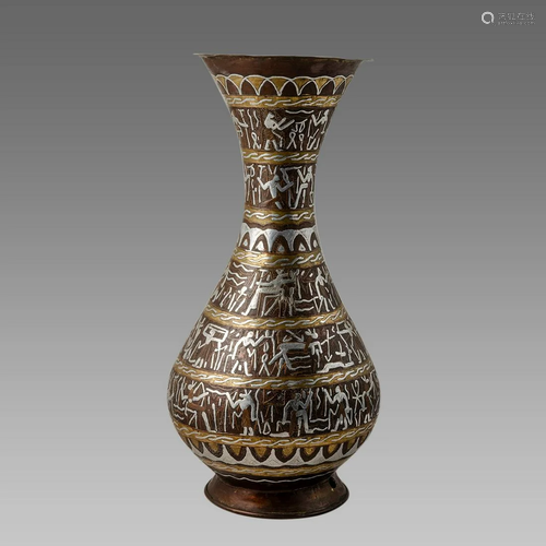 Large Copper Vase Silver Inlaid Egyptian Motive.