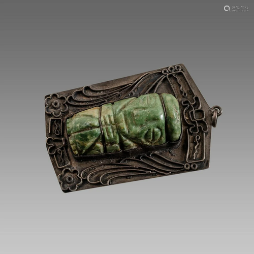 Pre Columbian Style Jade Amulet. Set in silver.