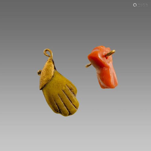 Lot of 2 Roman Style Coral and Glass Amulets set in