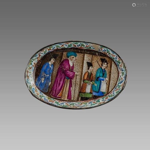 Persian Miniature plate with Enamel on copper c.19th