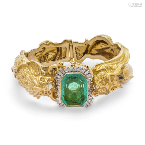 EMERALD, DIAMOND AND GOLD BANGLE