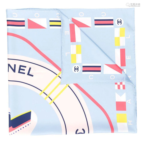 Light Blue CC Cruise Print Silk Scarf, Chanel,