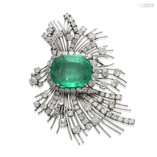 NO RESERVE - EMERALD AND DIAMOND BROOCH