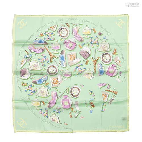 Pastel Green Silk Emblem Scarf, Chanel, (Includes