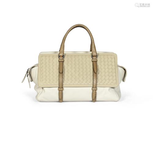 Beige And Taupe Intrecciato Top Handle Bag, Bottega