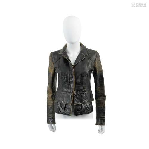 Brown Distressed Crocodile Effect Cotton Jacket,