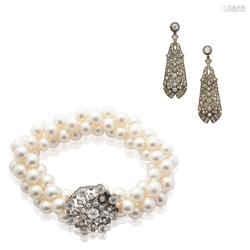 CULTURED PEARL AND DIAMOND NECKLACE; TOGETHER …