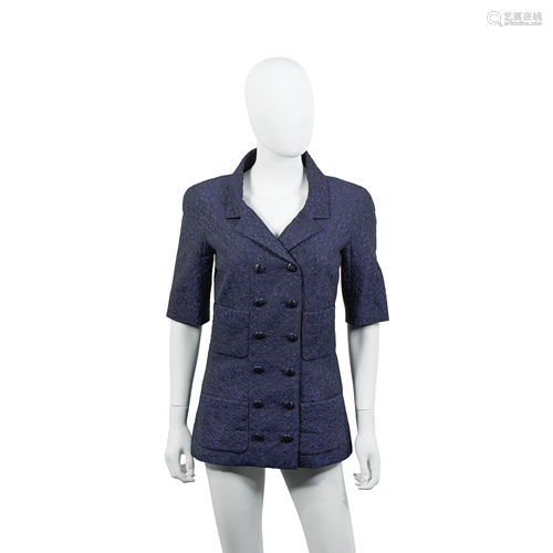 Navy Camellia Jacquard Short Sleeve Jacket, Chanel,